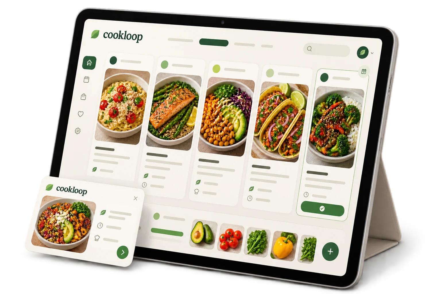 Cookloop auf einem Tablet: Wochenplan, Rezepte und Einkaufsliste